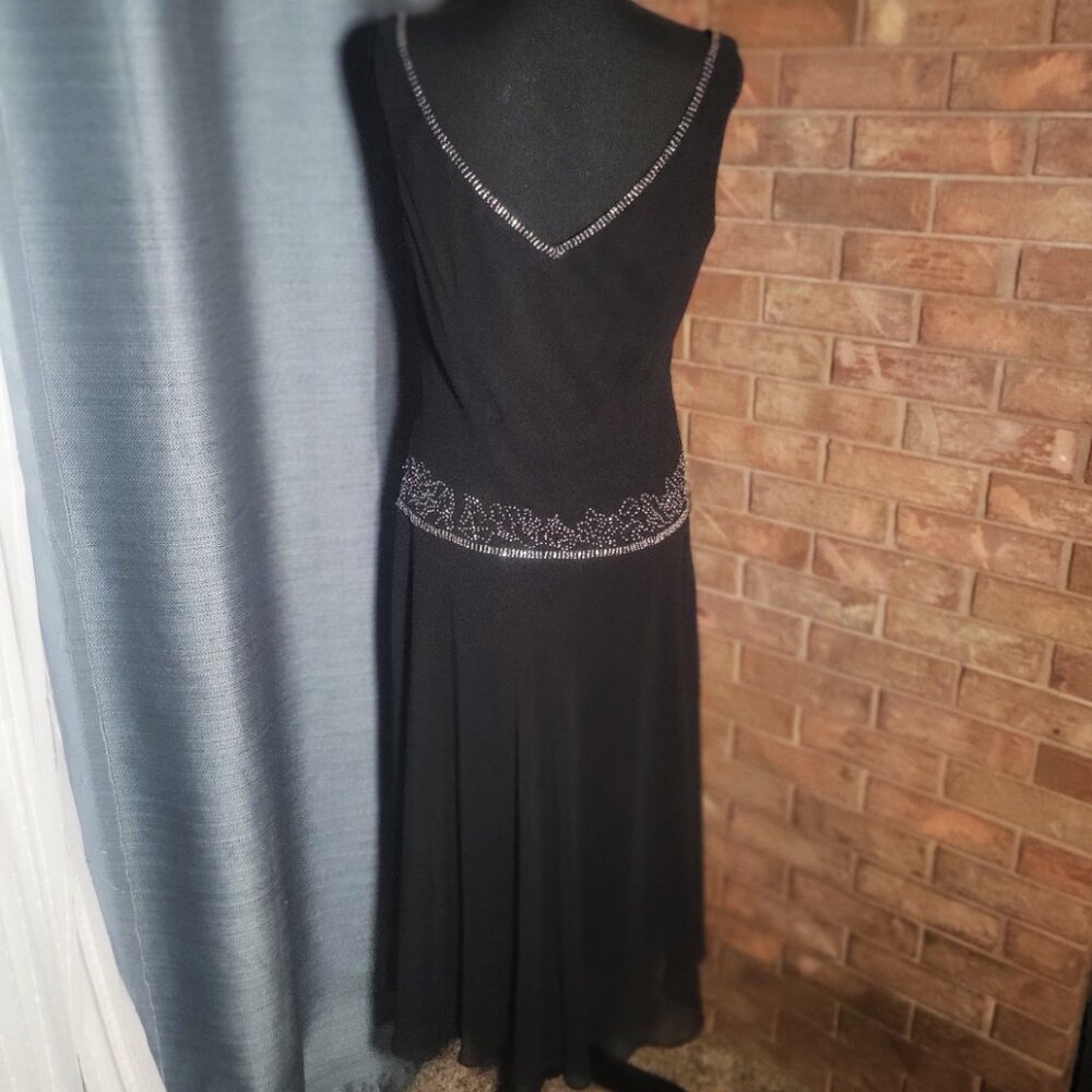1920s Drop Waist Speakeasy Vibe Black Dress Rhinestones Size 14 Sleeveless Vneck - Picture 5 of 16